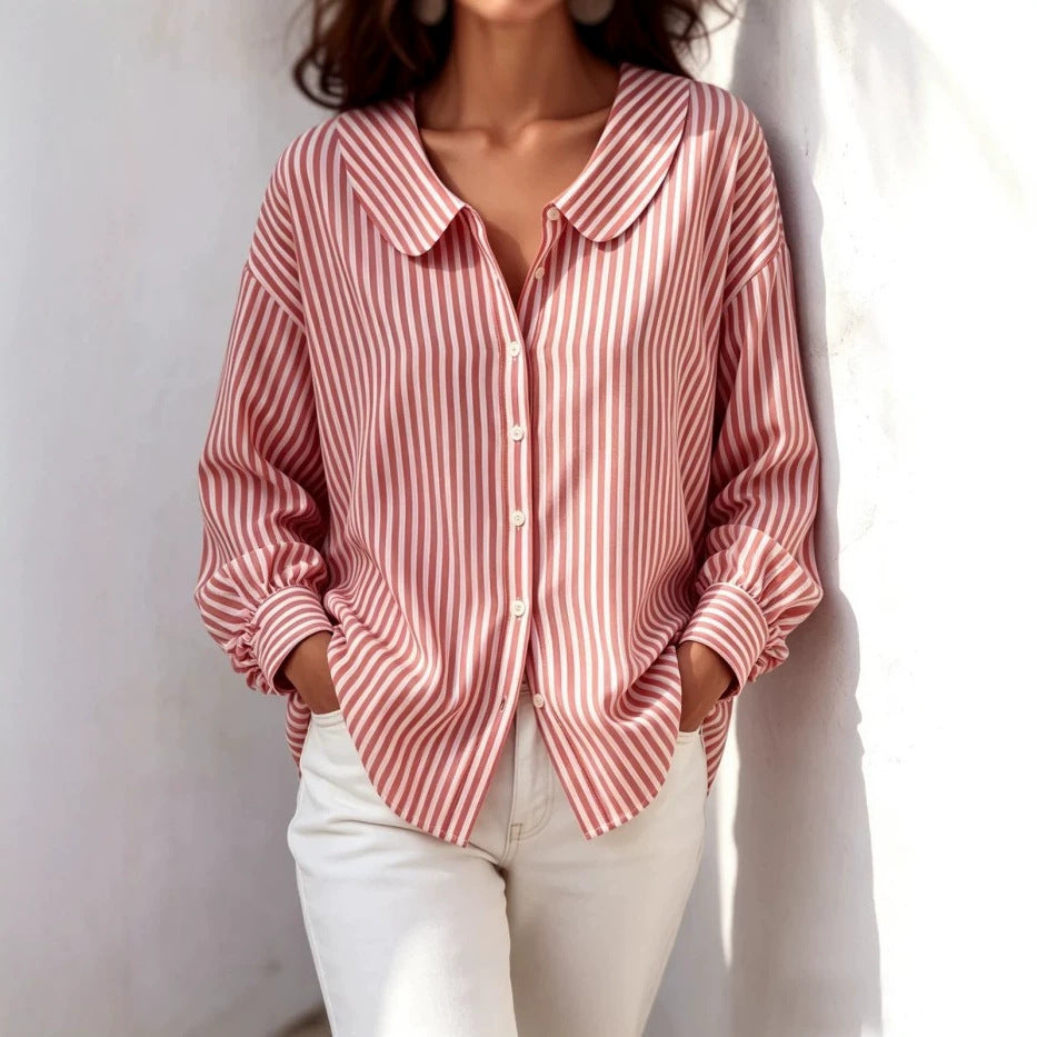 French-style Vertical Striped Doll Collar Top, Casual Loose-fitting Long-sleeve Work Shirt