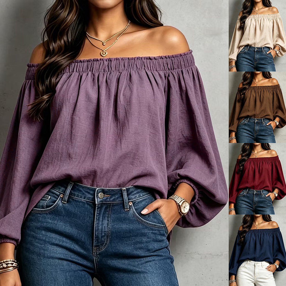 Amazon Independent Store European And American New Style Lantern Long Sleeve Off-Shoulder Slimming Versatile Commuting Pullover Top For Women