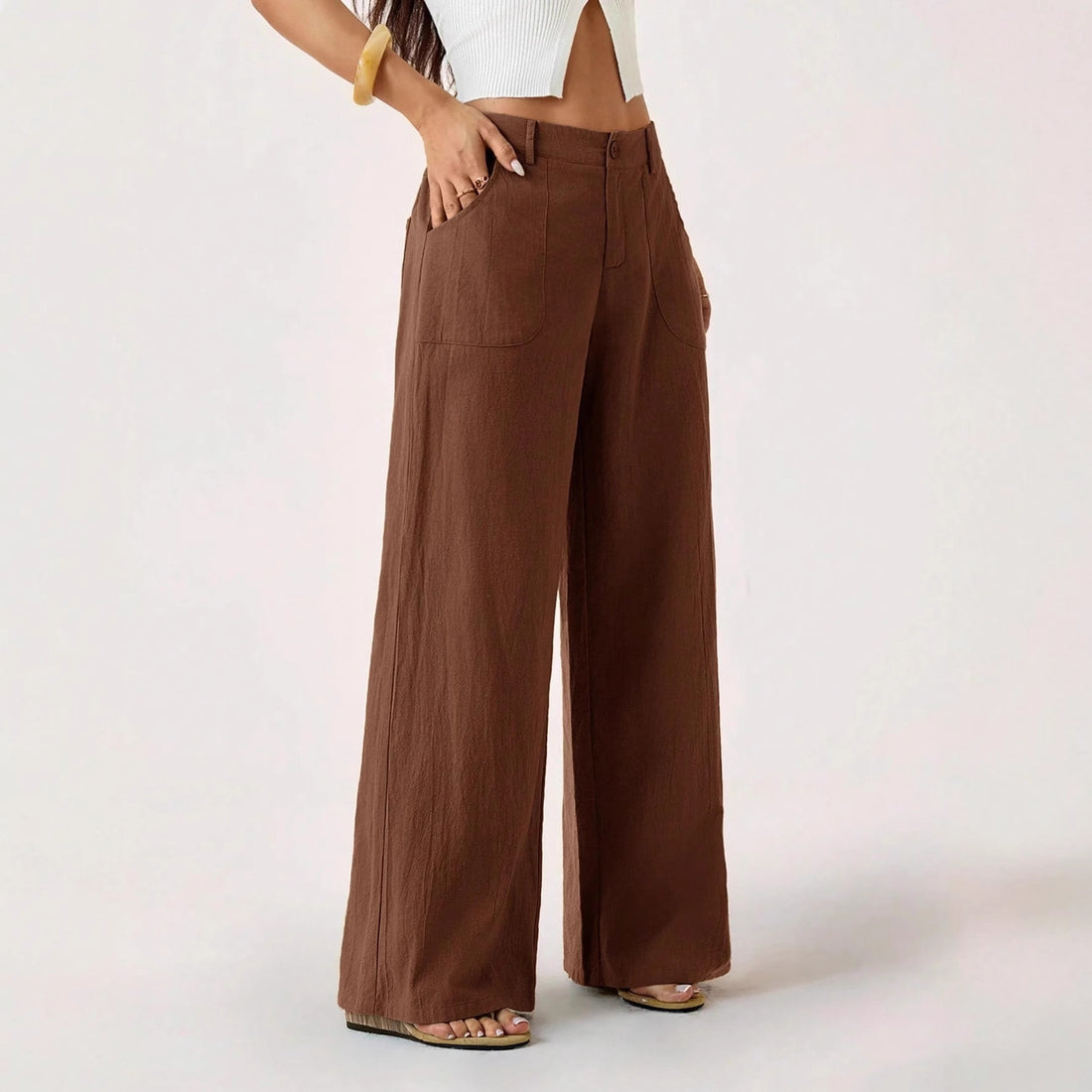 2026 New Style Women's Cotton Linen Wide Leg Pants, Mid Rise, Casual And Commuter Style, Solid Color With Pockets