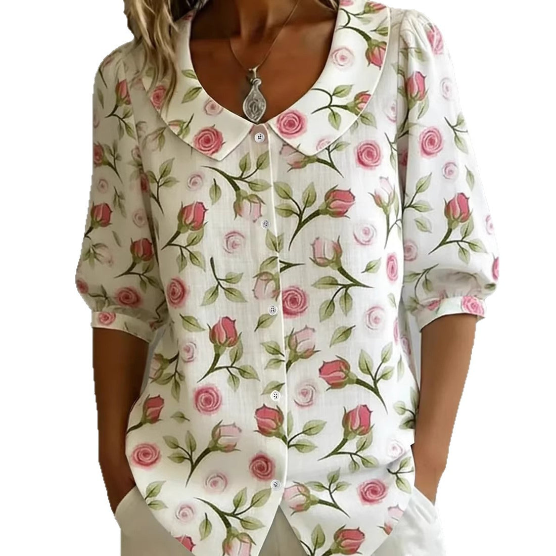 2026 Amazon Independent Site New European And American Style Doll Collar Shirt, Solid Color Casual Button-Up Shirt For Women