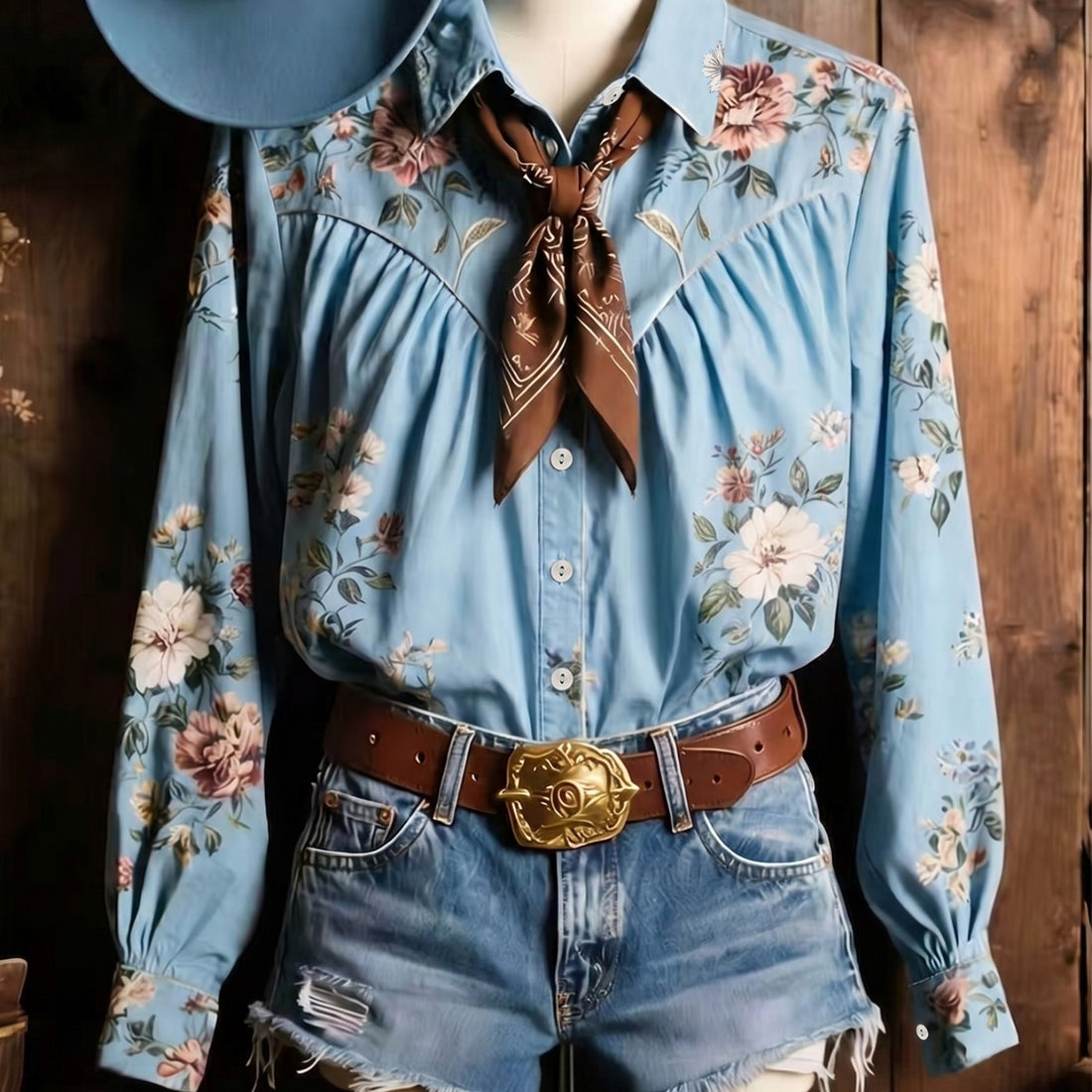 Women Western Floral Print Button Down Shirt Collared Long Sleeve Cowgirl Woven Blouse