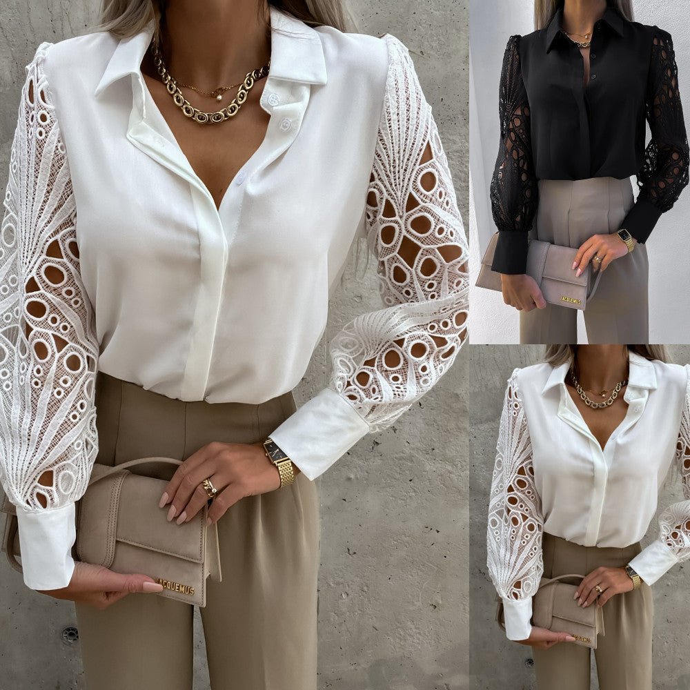 2022 Amazon European And American Cross-Border Spring And Summer New Hot-Selling Women's Pure Color Lace Splicing Shirts For Women