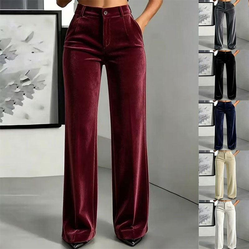 Women High Waist Velvet Wide Leg Pants Elegant Solid Color Straight Trousers Casual Office Long Pants