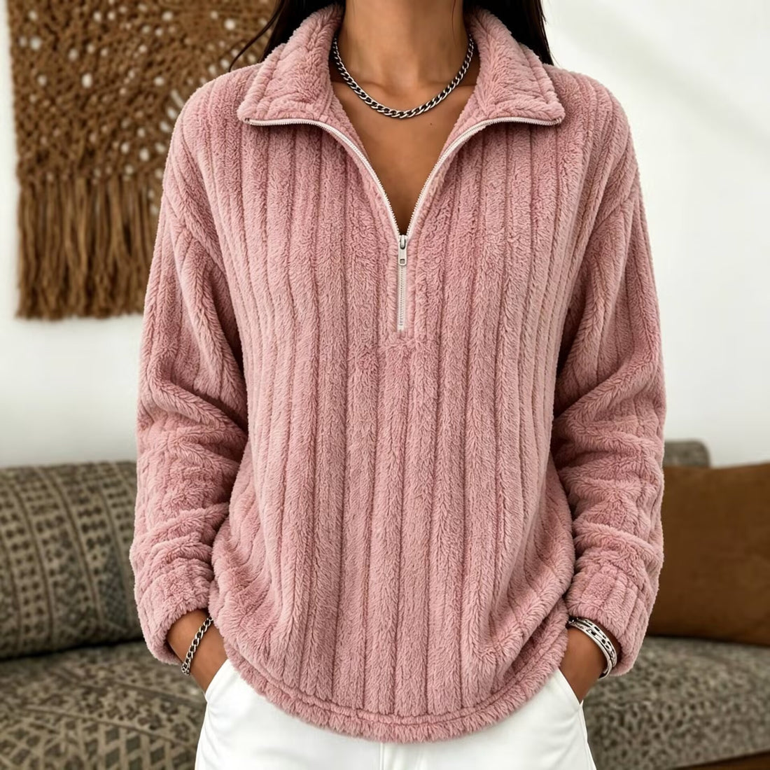 European And American Cross-border Women's Clothing 2026 Autumn And Winter New Ribbed Plush Pullover Sweatshirt With Turn-down Collar And Zipper, Long Sleeves