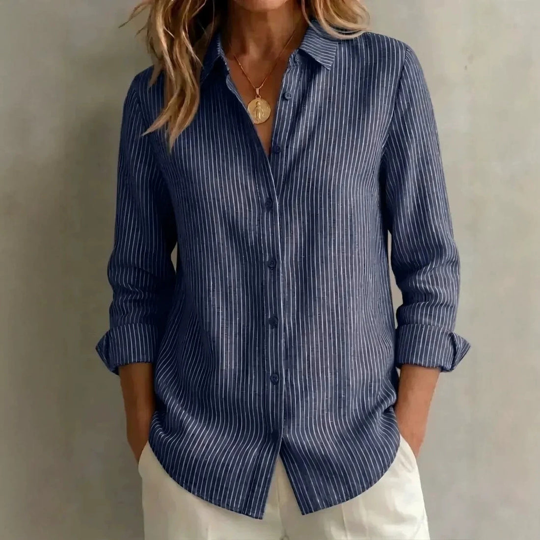 Blue And White Striped Linen Shirt For Women, Turn-down Collar, Single-breasted, Loose Fit, Straight Cut, Long Sleeve, Casual And Commuter Style, Popular Shirt