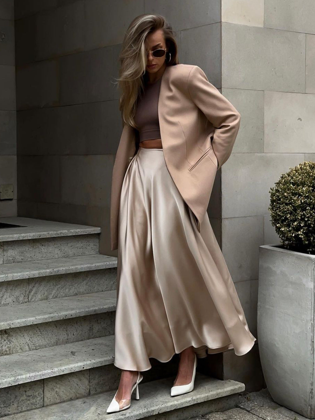 Women's Skirts  Elegant High-Waisted Satin Long Skirt With Large Hem Mid-Length