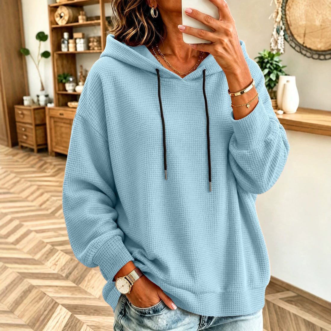 New Autumnwinter Solid-color Drawstring Hooded Long-sleeve Sweatshirt For Women