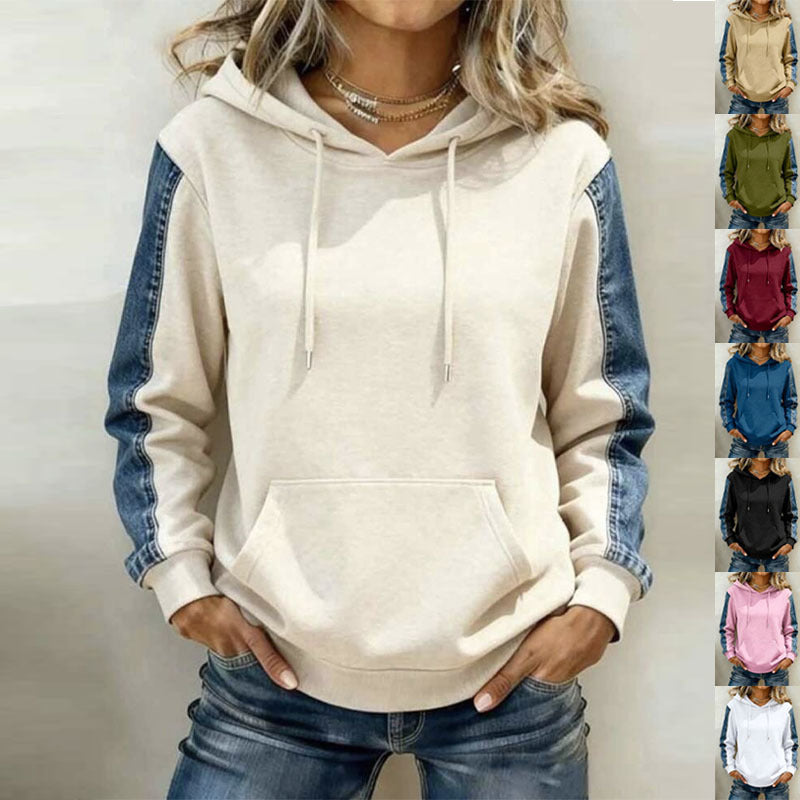 Loose-fit Long-sleeve Pullover Denim Patchwork Hooded Sweatshirt
