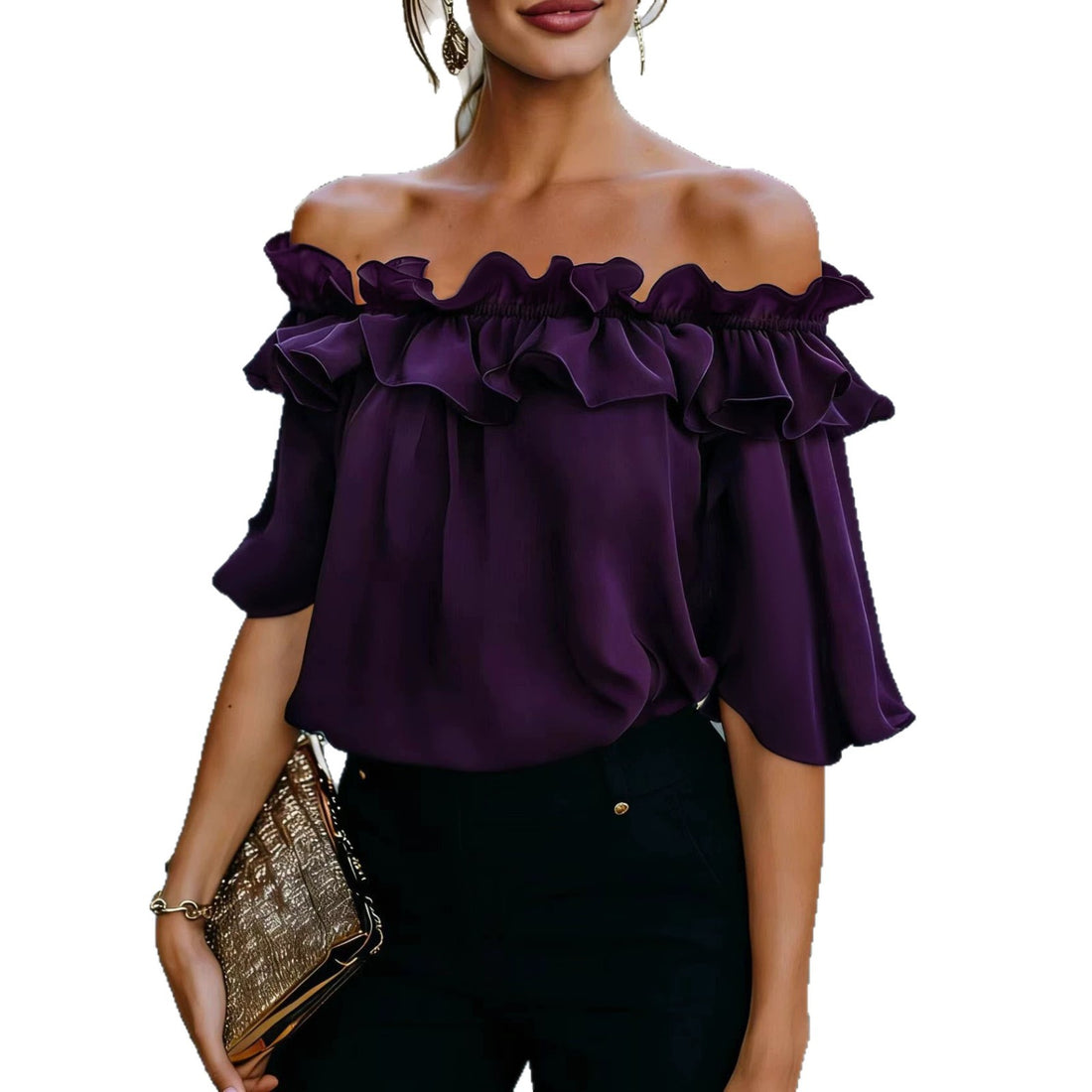 2026 Amazon Foreign Trade Cross-Border Summer Fashion Sexy Women's Casual Ruffled One-Shoulder Short-Sleeved Top