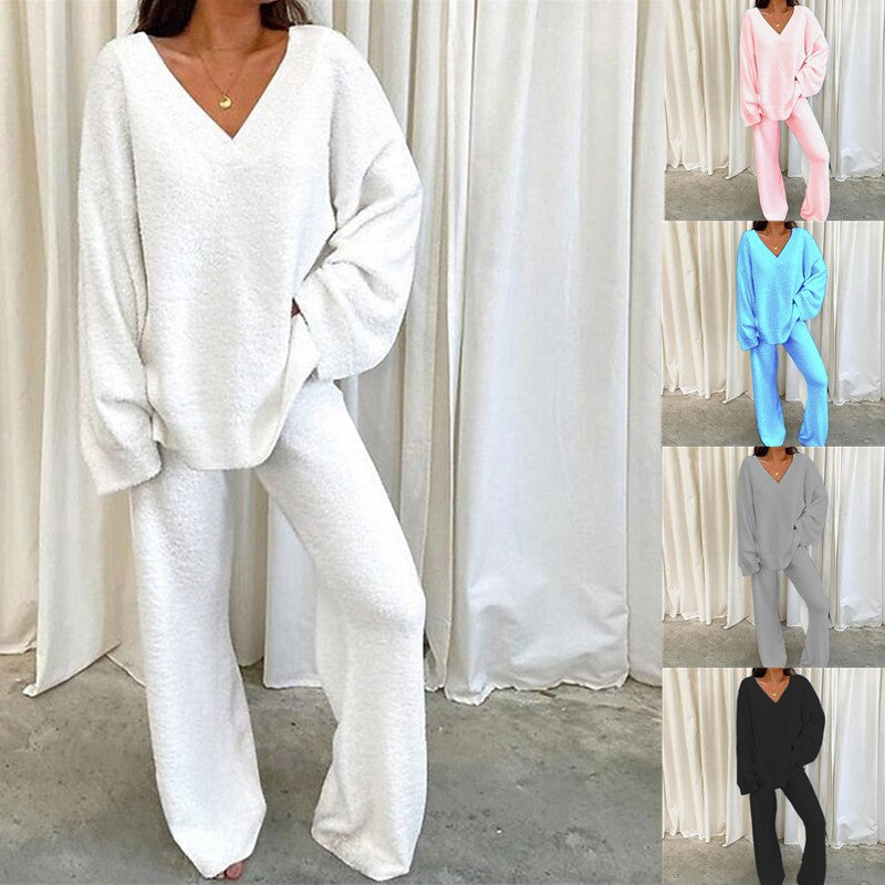 European And American Independent Station European Station Winter Comfortable Solid Color V-neck Casual Daily Home Warm Two-piece Suit