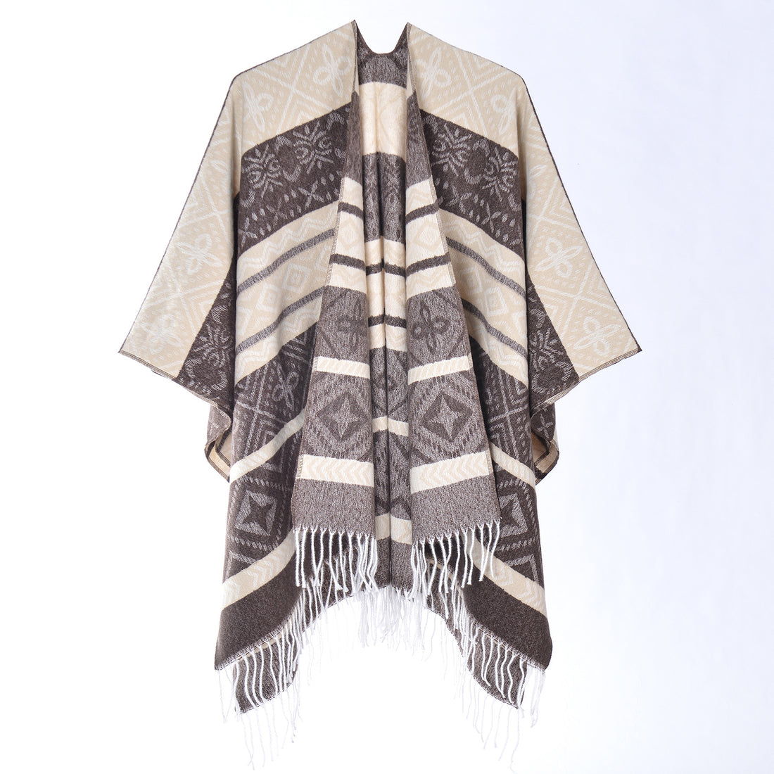 Women's Thick Fringe Jacquard Knit Shawl, Warm Autumn Winter Outerwear Fringe Scarf Poncho Striped Jacquard