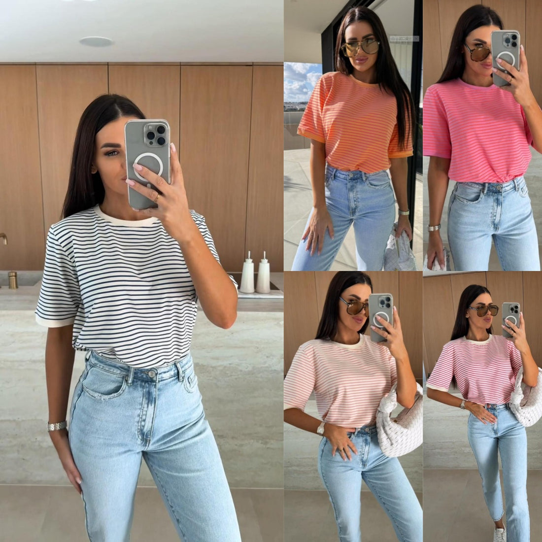 Independent Station Wish Amazon Explosion Summer Casual Striped Round Neck Loose Color Matching Short Sleeve Women's T-shirt