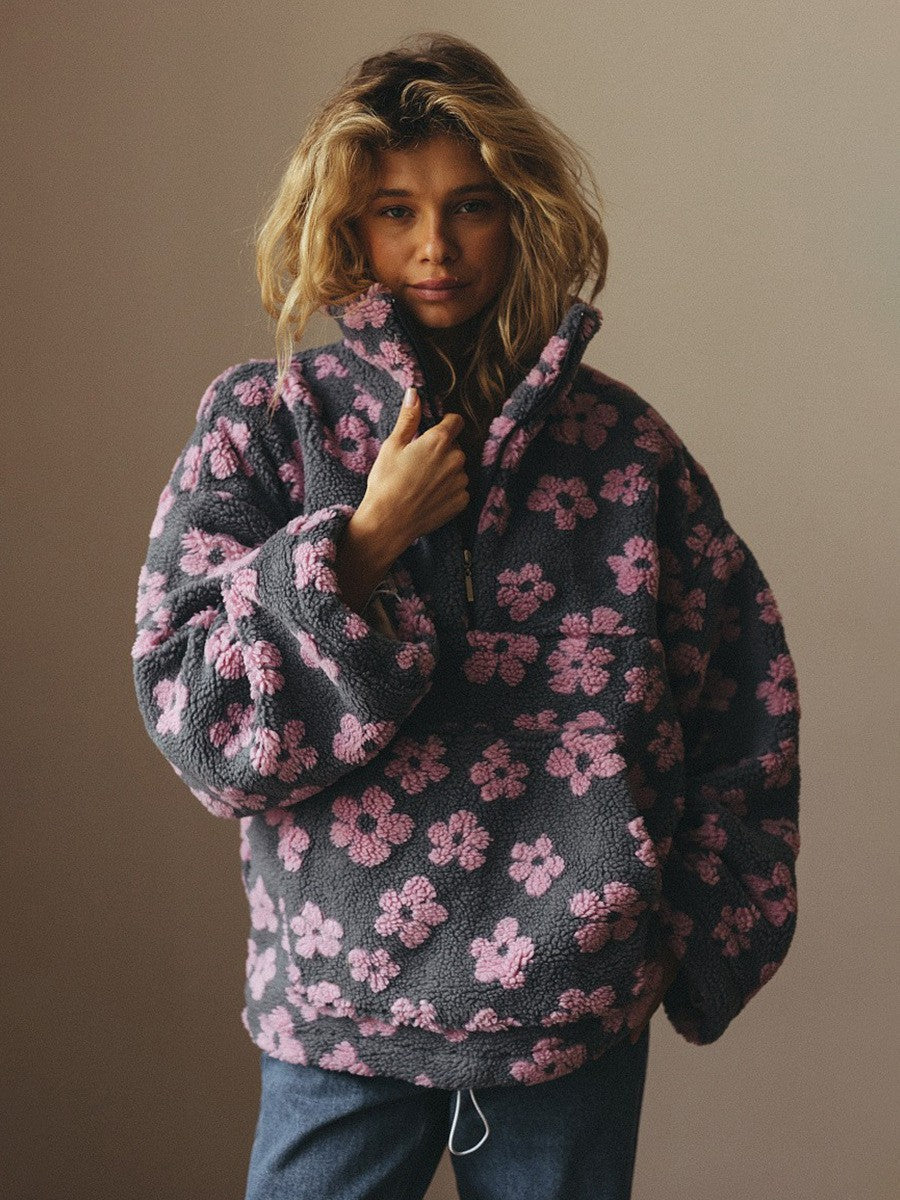 Cross-border Fleece Floral Sweatshirt, European And American 2026 Autumn And Winter New Fashion Sweatshirt, Warm Fluffy Sweatshirt For Women