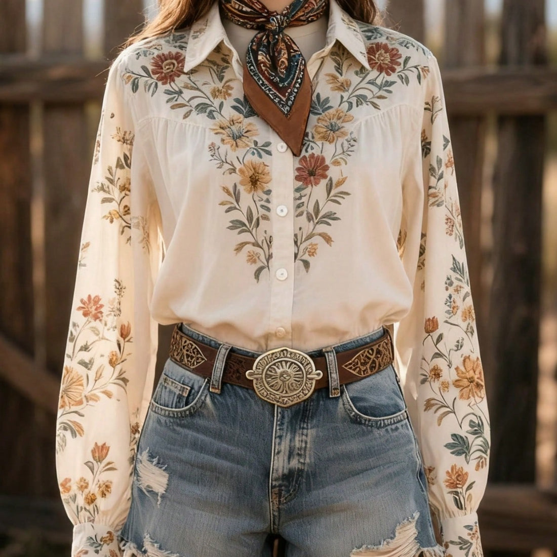 Women Floral Yoke Print Button Down Collared Long Sleeve Shirt
