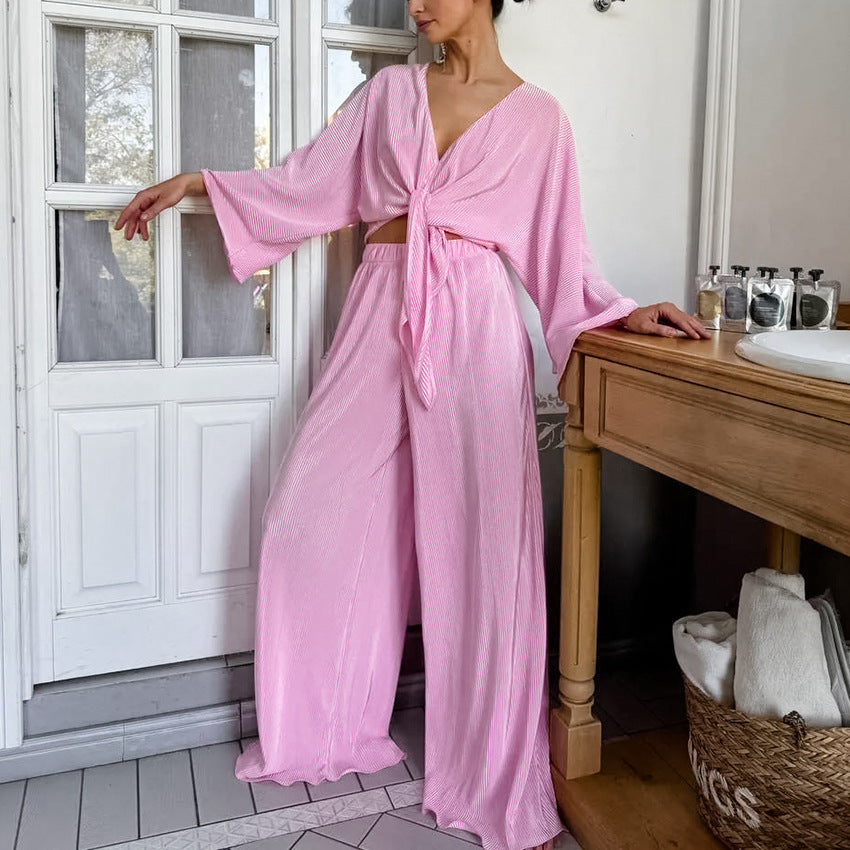 طقم بيجامة نسائي فضفاض من قطعتين: بنطال وكارديجان بأكمام طويلة