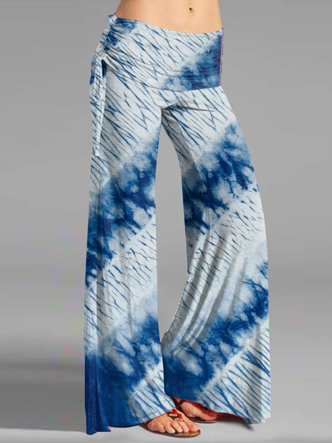 Women Blue Tie Dye Flare Pants Fold Over High Waist Wide Leg Stretch Bohemian Casual Bell Bottom Trousers