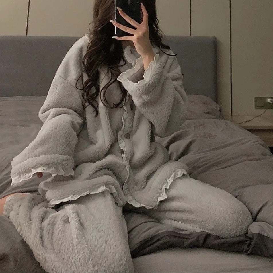 Women's Flannel Pajamas Thickened Sweet Casual Homewear Set