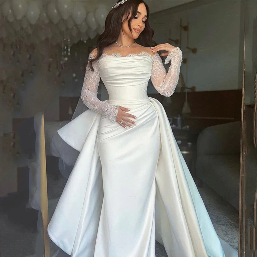 Women's Off-shoulder Lightweight Lace Long-sleeve Wedding Dress
