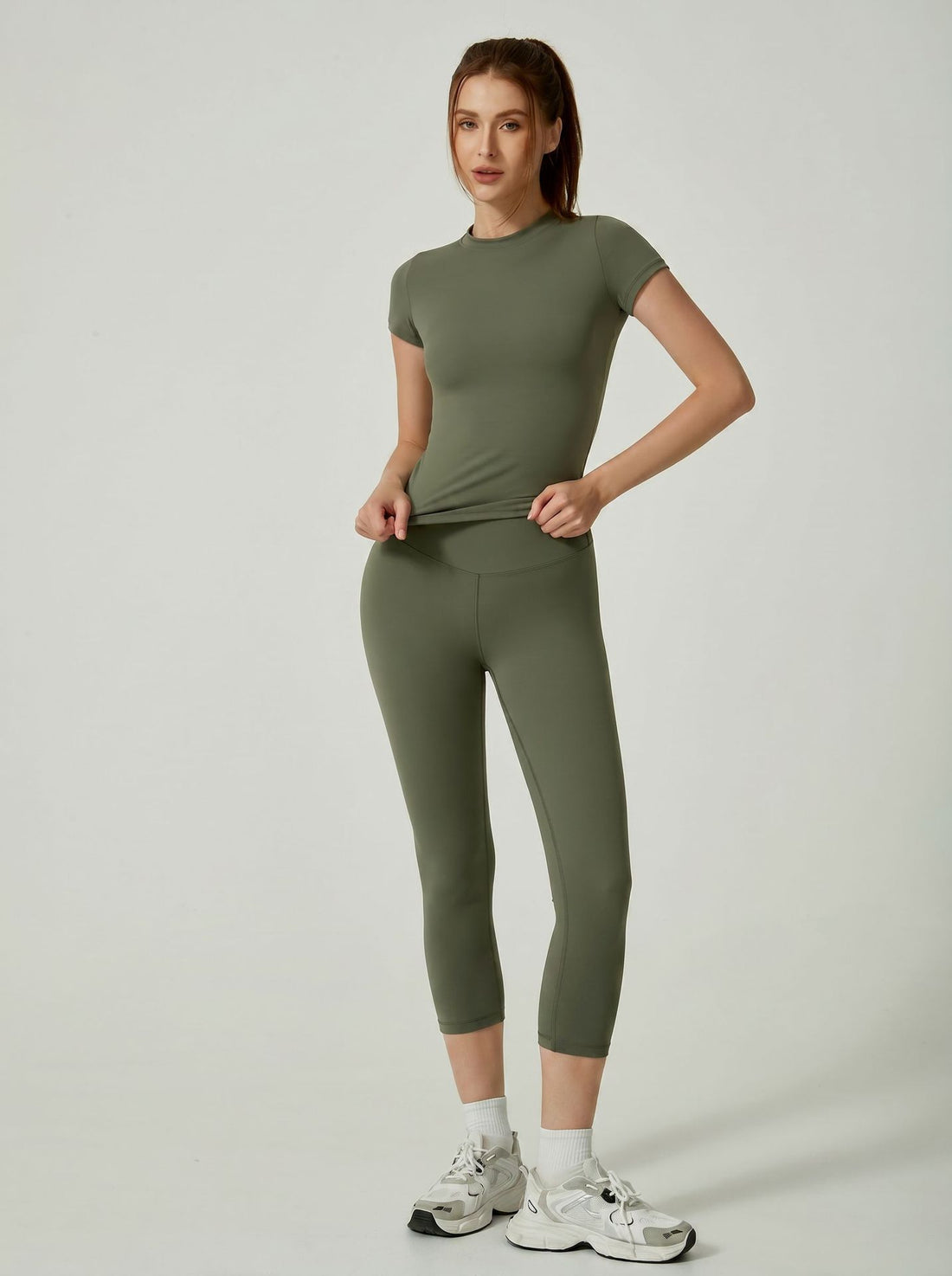 Cross-border Outdoor Sports Short-sleeve Long Pants, Capri Pants, Quick-dry High-waisted Butt-lifting Sports Suit For Women, Summer Fitness Yoga Wear
