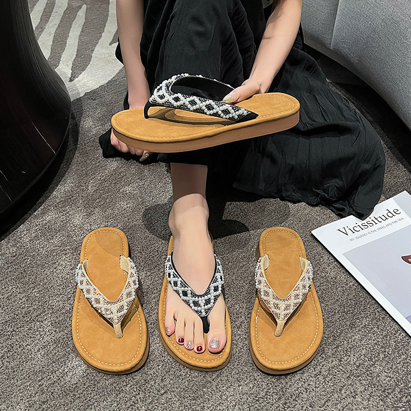 Women Boho Pearl Rhinestone Beaded Strap Wedge Heel Thong Flip Flops, Summer Beach Platform Thick Sole Casual Open Toe Slippers