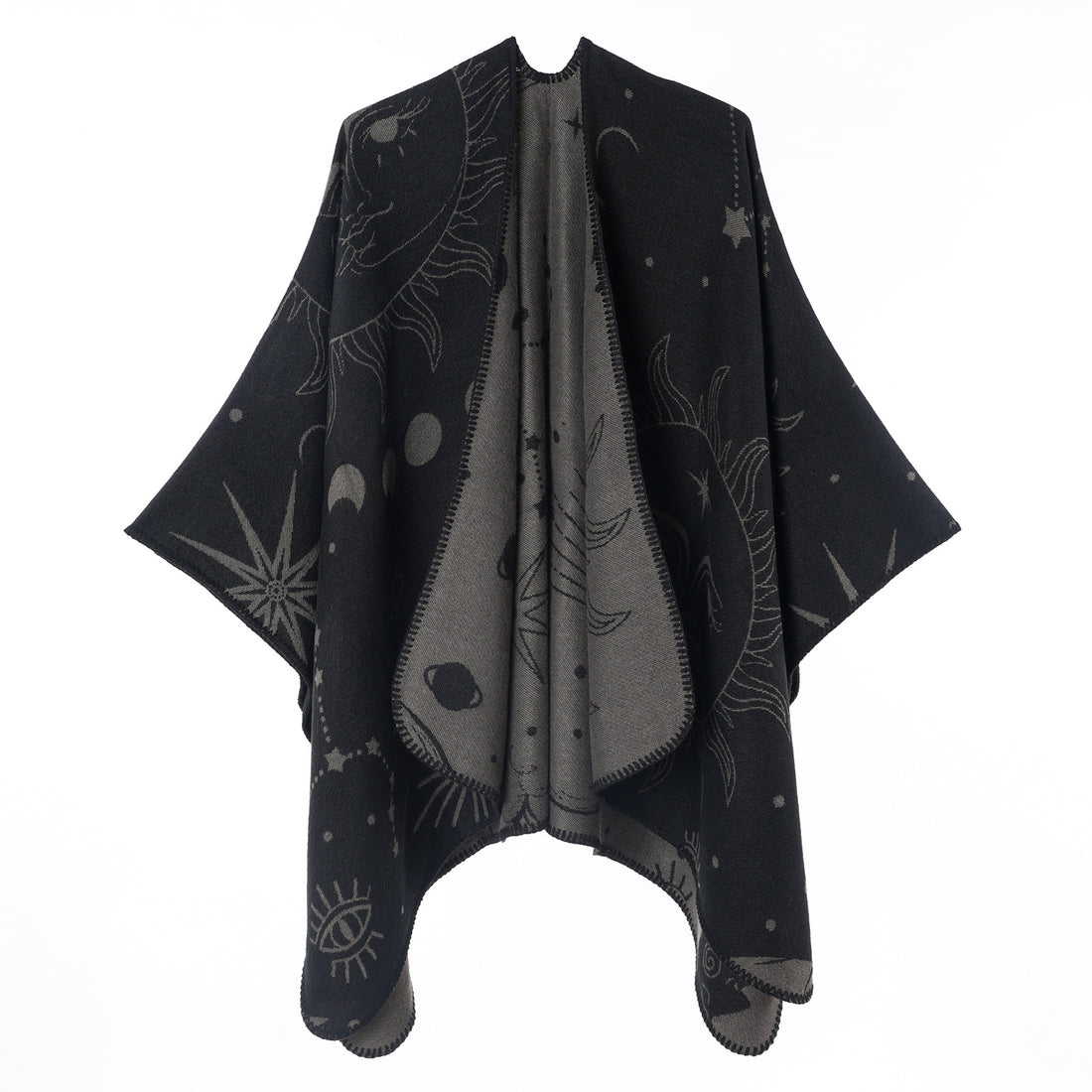 Women's Sun Moon Starry Sky Jacquard Poncho Shawl, Travel Photo Faux Cashmere Warm Split