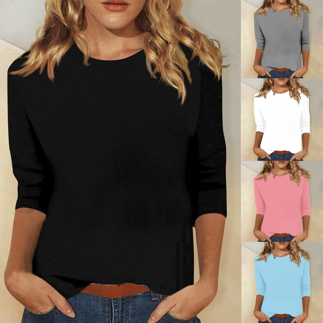 Autumn And Winter European And American Cross-Border Women's Clothing Amazon Independent Station Top Round Neck Three-Quarter Sleeve Pure Color T-Shirt