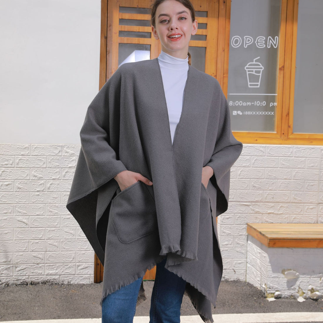 Women's Solid Color Pocket Shawl, Versatile Fringe Split-Hem Poncho Travel Warm Cardigan