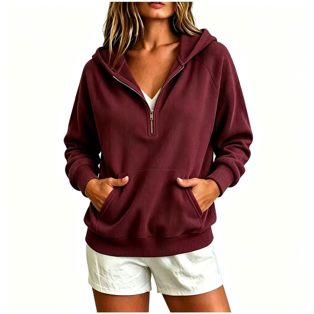 Corduroy Hooded Casual Sweatshirt Loose-fit Zip-up Pullover
