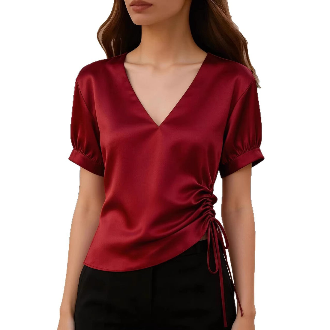 Summer New Satin V-Neck Drawstring Waist Slimming Top For Women