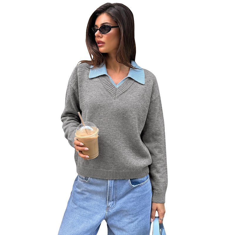 TikTok Cross-border European And American Style Fake Two-piece Knit Sweater 2026 Autumn And Winter New Casual Color-blocking Long-sleeve Inner Sweater For Women