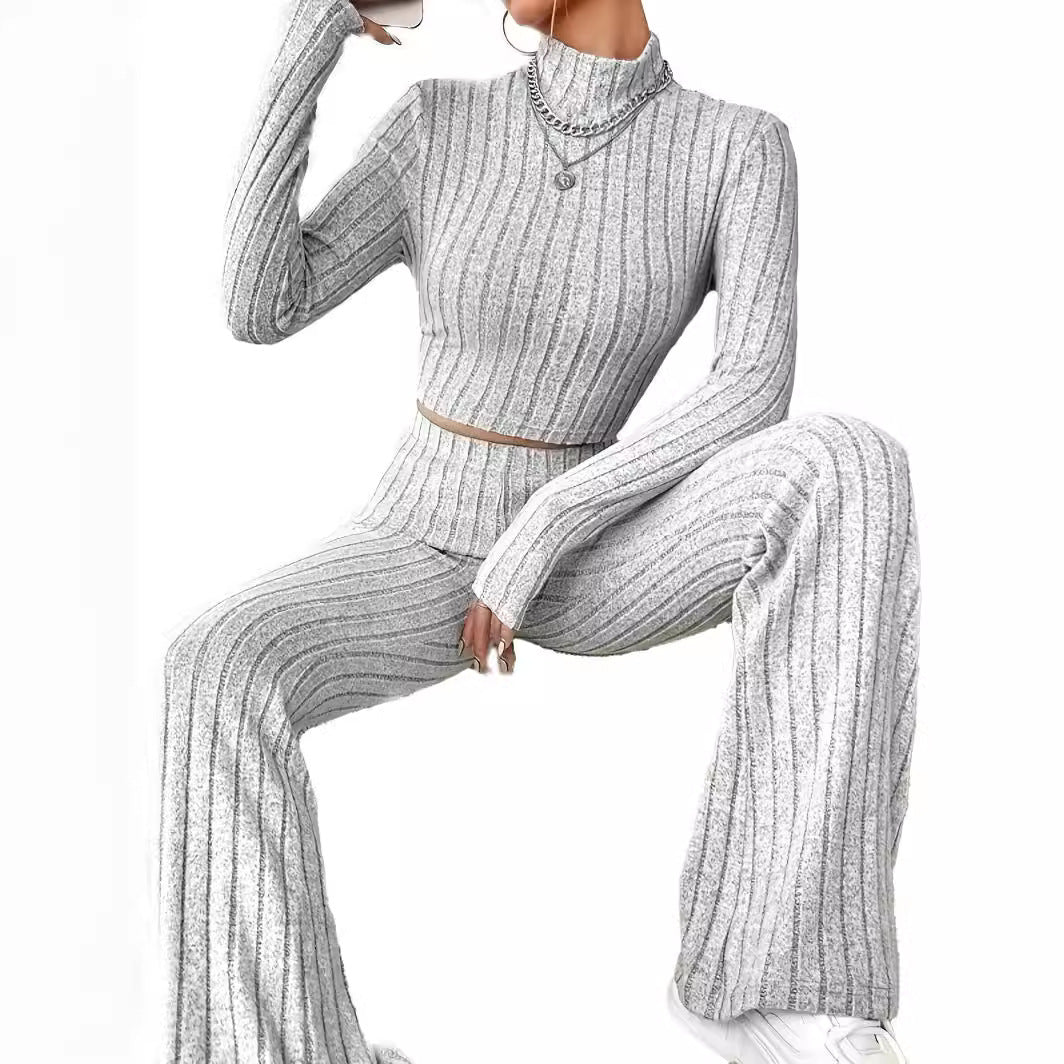 New Knitted Long-Sleeved Suit Loose High-Waisted Pants Two-Piece Set