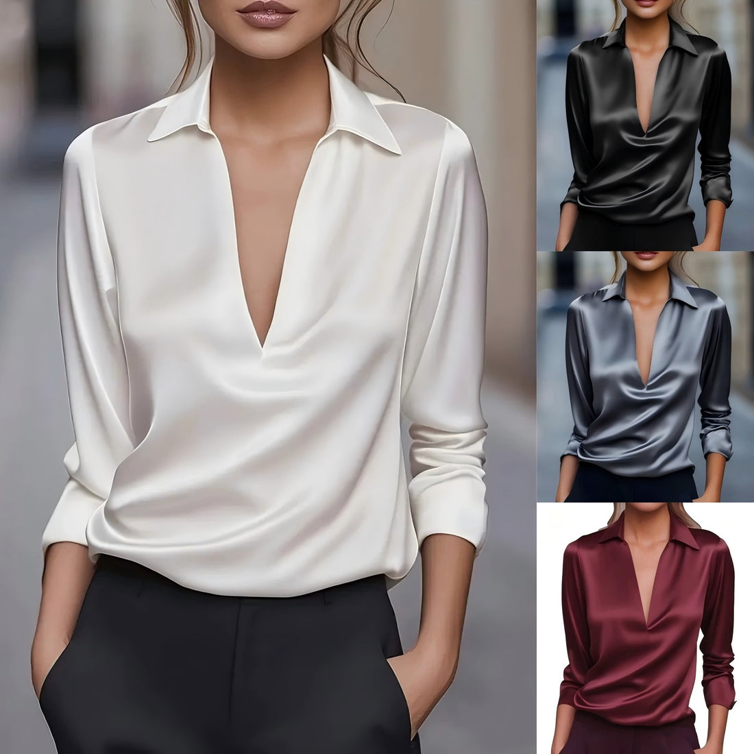 2025 Independent Station Wish Amazon Export Model Autum Elegant Pure Color Simple V Neck Shirt Long-Sleeved Shirt For Women