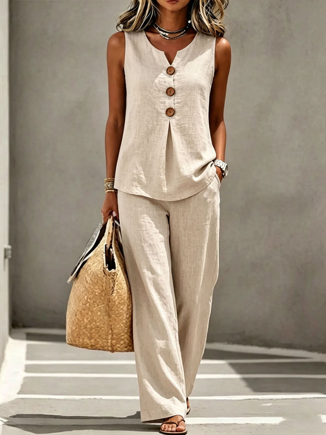 Women's V-neck Button Sleeveless Vest Top Set Two-piece