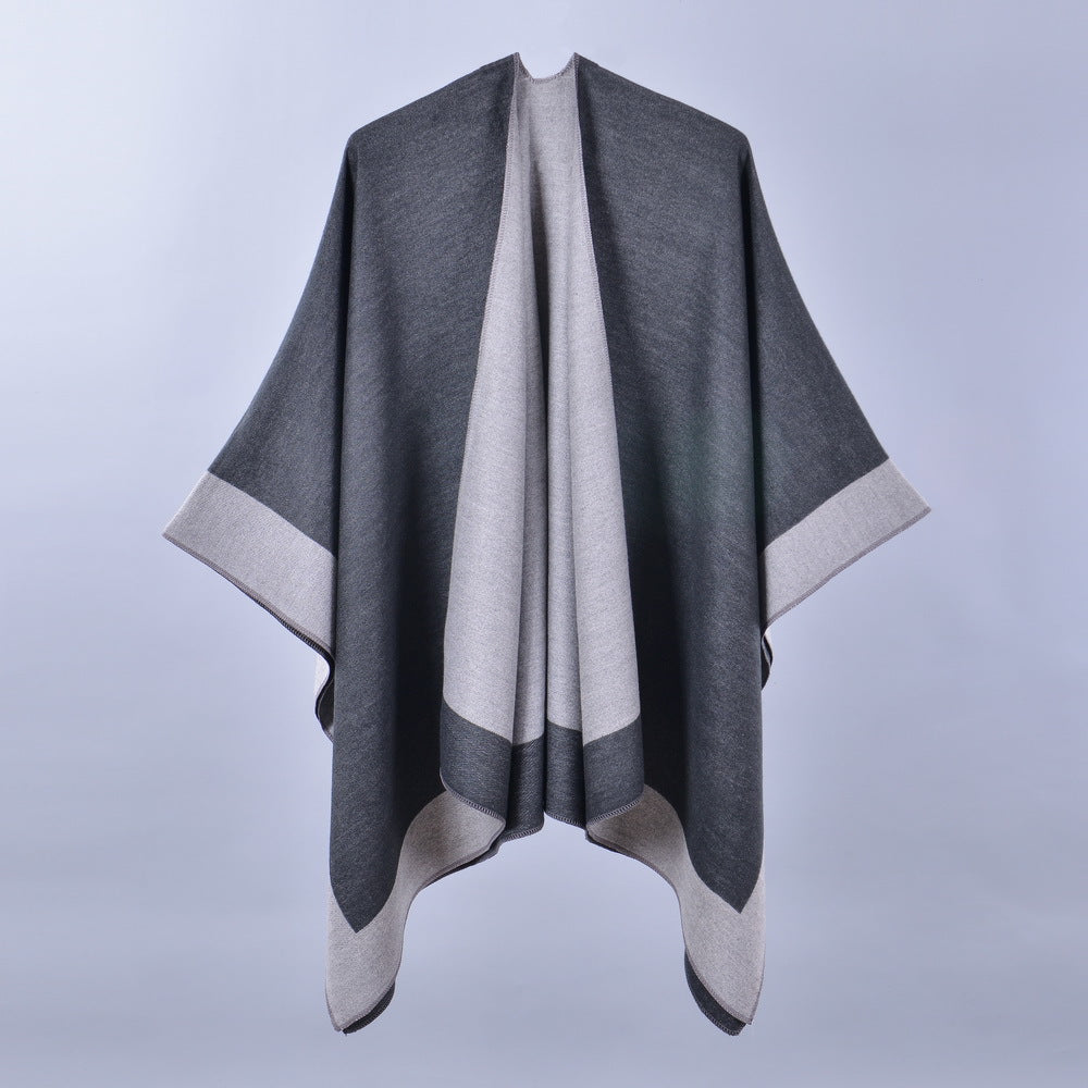 Women's Solid Faux Cashmere Front Split Shawl, Reversible Warm Poncho Cape For Autumn Winter
