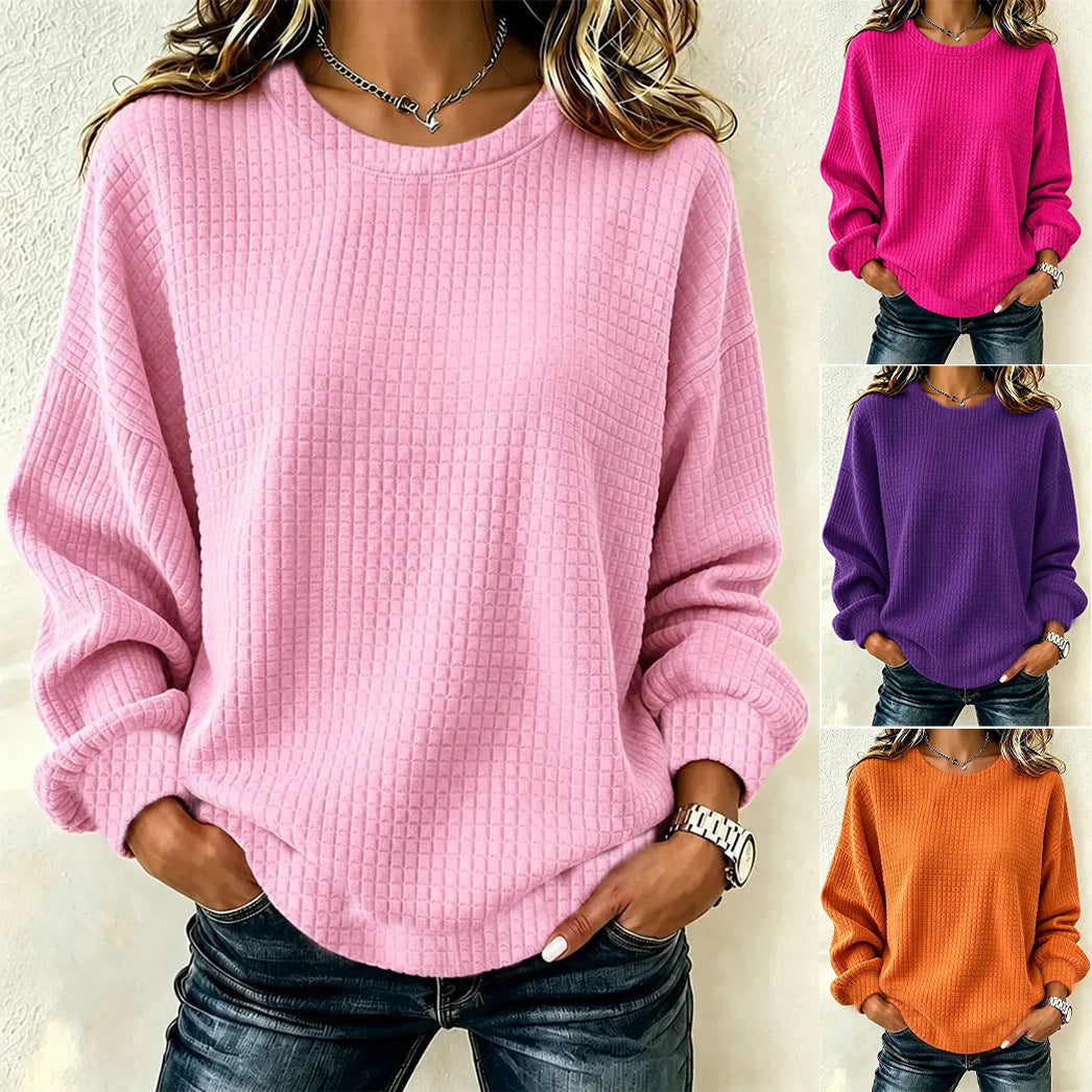 Brand European And American Fashion Waffle Pattern Women's New Loose Casual Autumn Winter Long Sleeve Crew Neck Sweatshirt