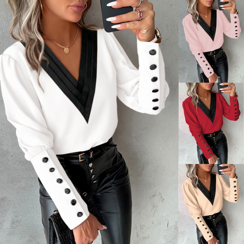 2023 Independent Station Wish Amazon Hot Style Autum Fashion V Neck Pure Color Long-Sleeved Buttoned Women's Shirt