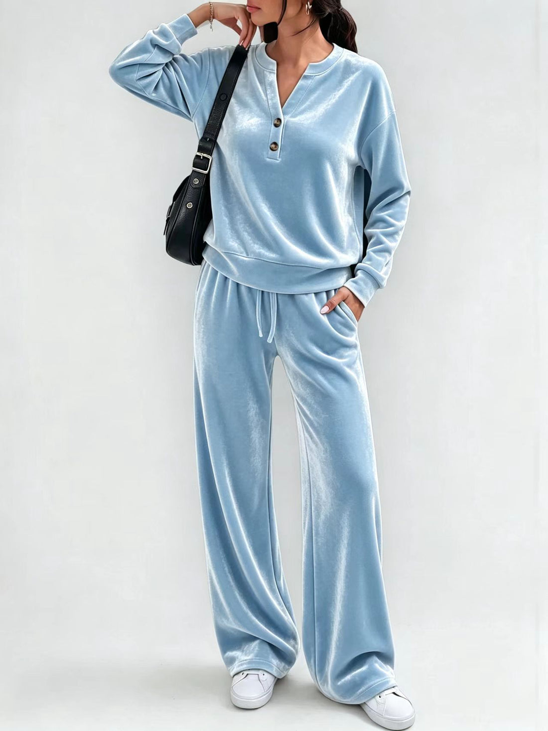 New Velvet Leisure Suit For Women V-neck Long Sleeve Two-piece Loose Wide-leg Pants Autumn And Winter Fashion Women