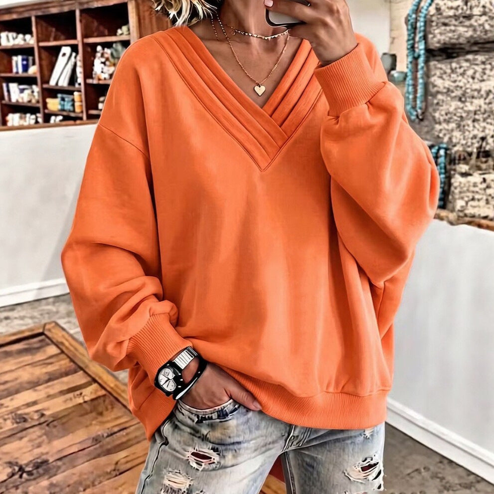 Women's Solid Color Loose V-neck Brushed Hoody