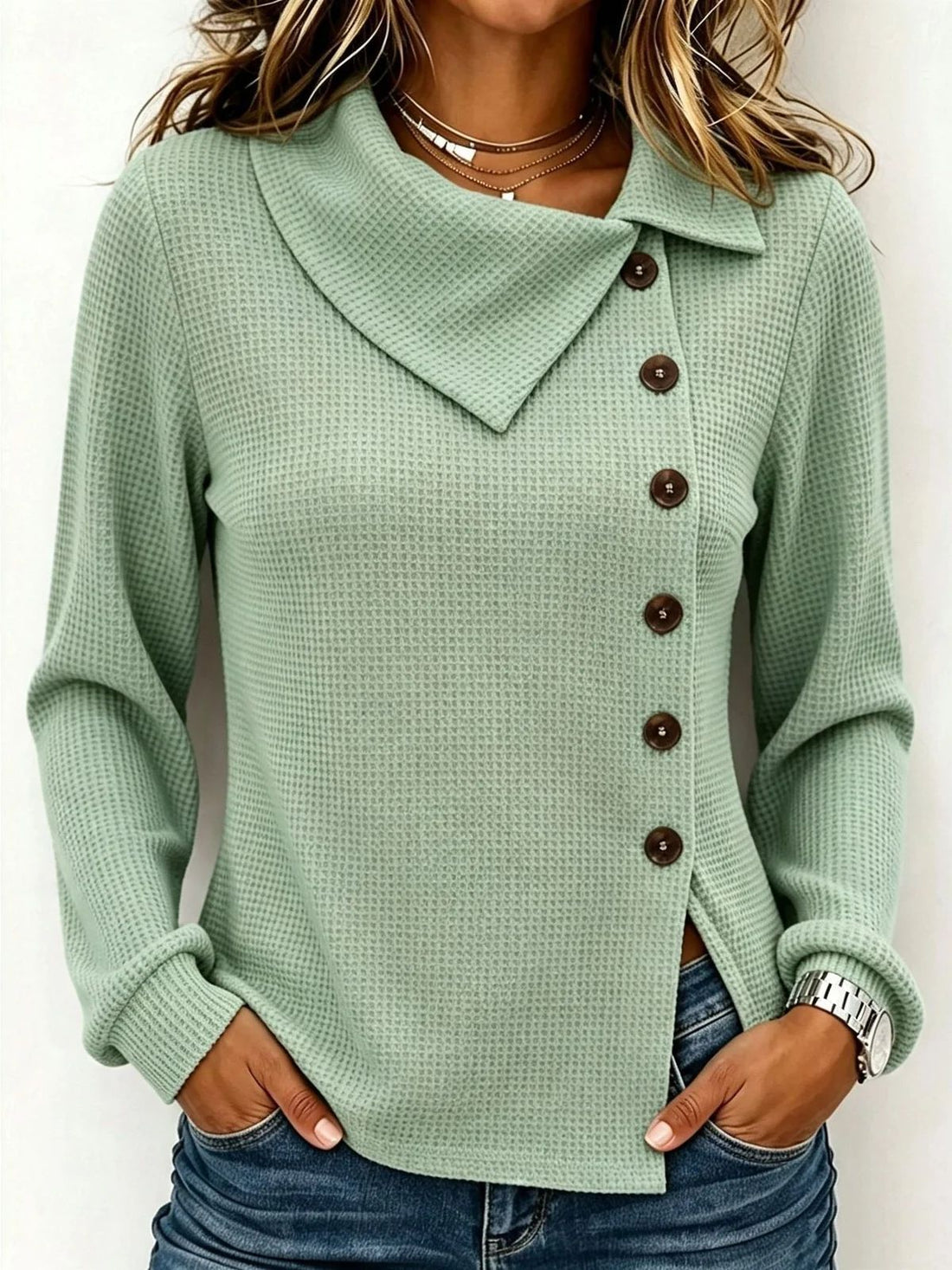 European And American Style Cross-border Independent Site Women's Solid Color Waffle Long-sleeved Button Casual Shirt Comfortable Top