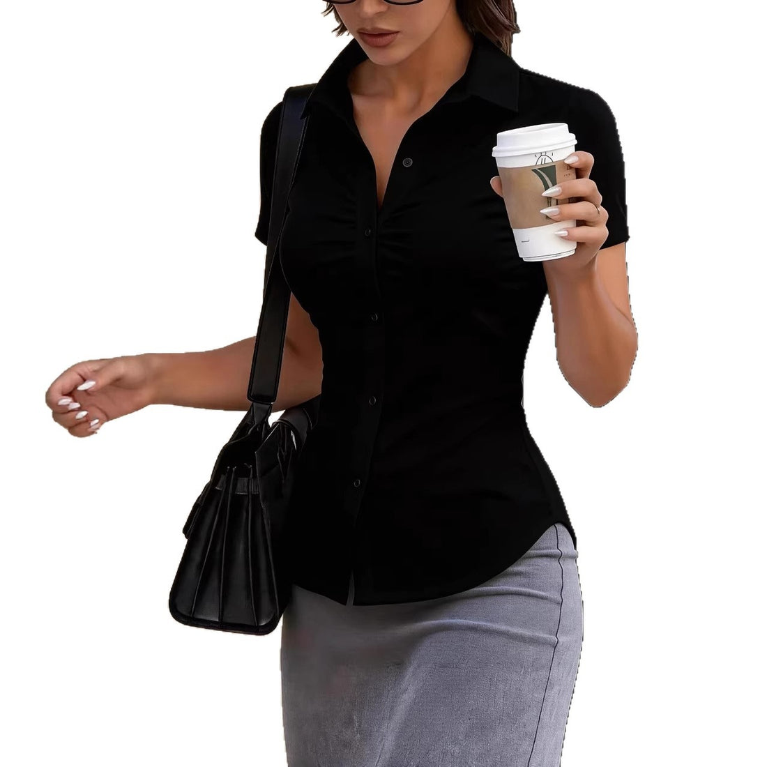 2026 Amazon Wish Independent Site New Model Professional Commuting Slim Fit Lapel Short-Sleeve Shirt For Women