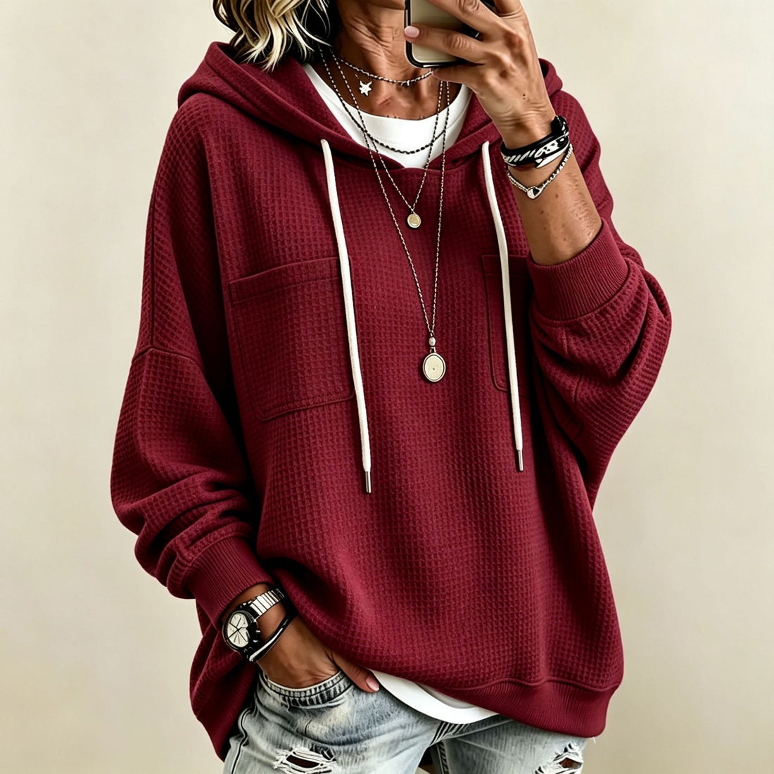 Women's Loose-Fit Waffle-Knit Hoodie With Drawstring And Pockets
