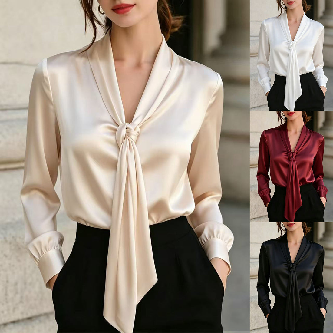 Independent Site Wish Amazon Hot-Selling Satin Ribbon Shirt V-Neck Knotted Long-Sleeve Formal Shirt For Women