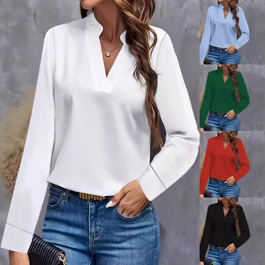 2024 Independent Station Wish Amazon Explosions Autumn Simple Casual Solid Color V-neck Loose Shirt Top Women