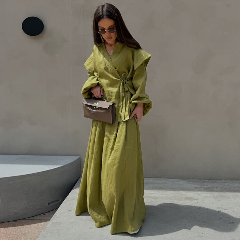 European And American Cross-Border Women's Clothing 2025 Summer New Design Fashionable Lace-Up Shirt High-Waisted Skirt Casual Suit