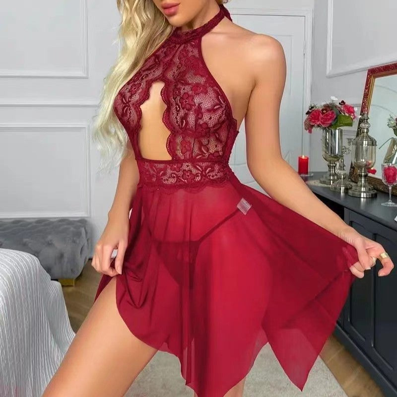 Neck Splicing Lace Grenadine Pajamas Suit
