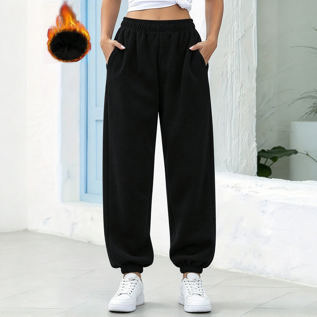 Women's Fleece Lined Jogger Pants Elastic Waist Casual Trousers With Pockets
