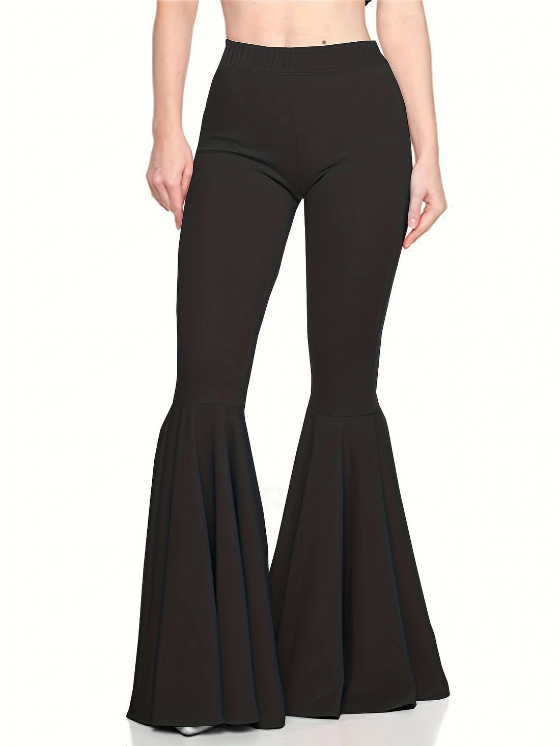 Women Knit High Waist Flared Bell Bottom Pants Solid Color Stretchy Long Trousers
