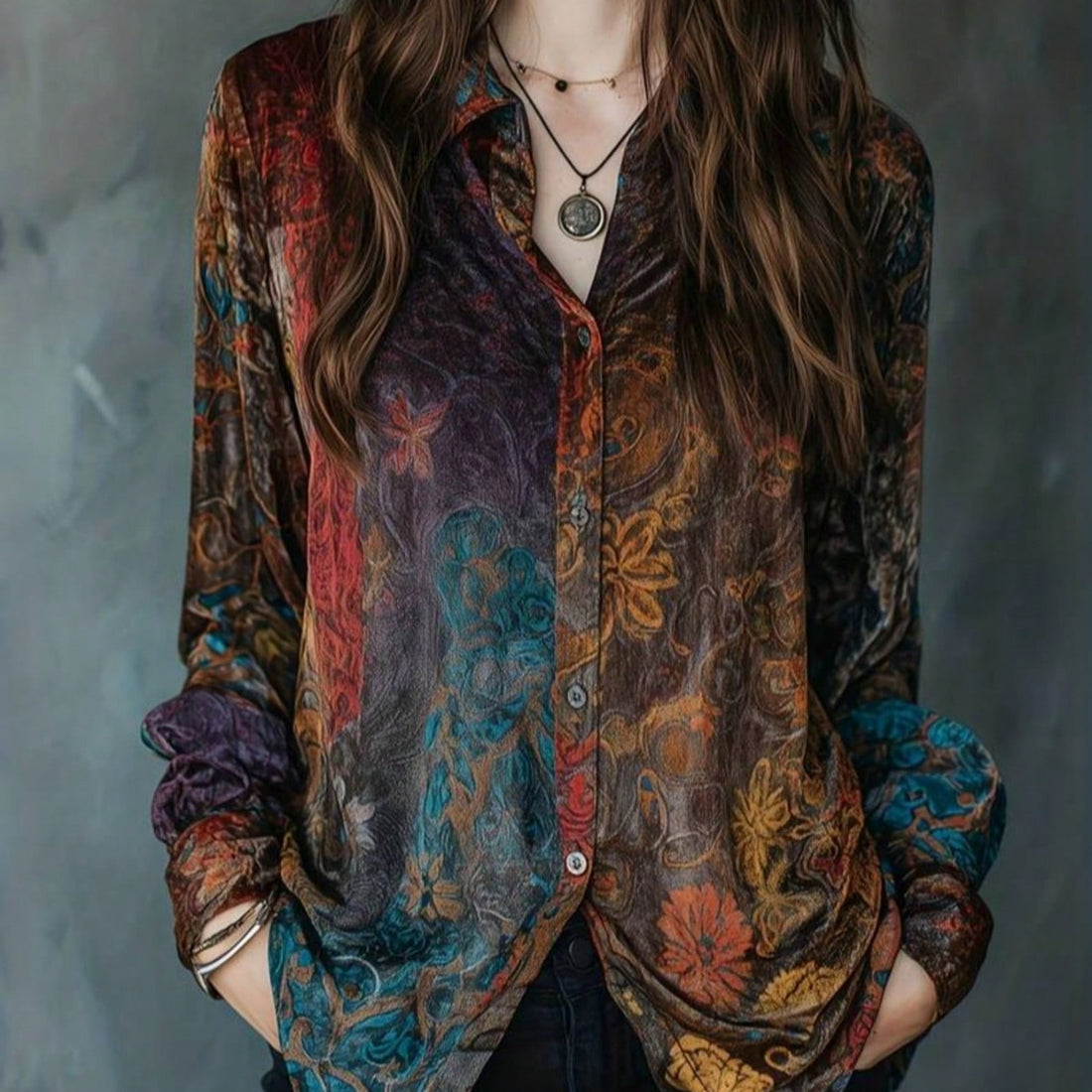 Women Vintage Floral Print Collared Shirt Long Sleeve Loose Casual Knit Blouse