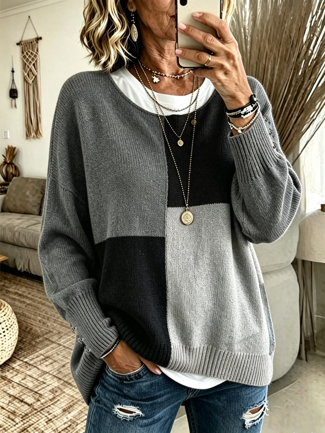 European And American Women's Clothing Amazon Independent Site 2026 New Round-neck Fashion Casual Color-blocked Knitted Cardigan Loose Fit