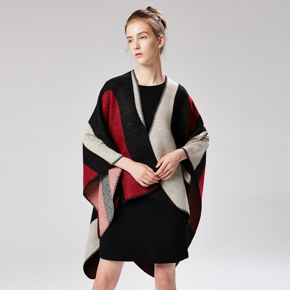 Women's Geometric Color Block Shawl, Minimalist Casual Office Beach Poncho Cape